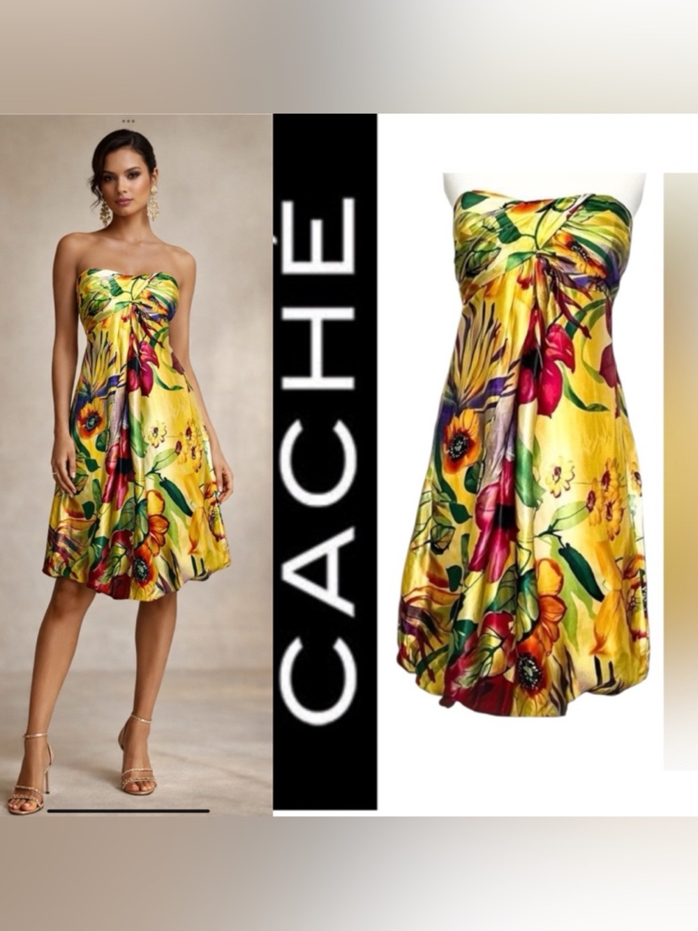 Cache VTG 100% Silk Gold Floral Print
Balloon Hem Strapless Dress 4 Y2K coquette